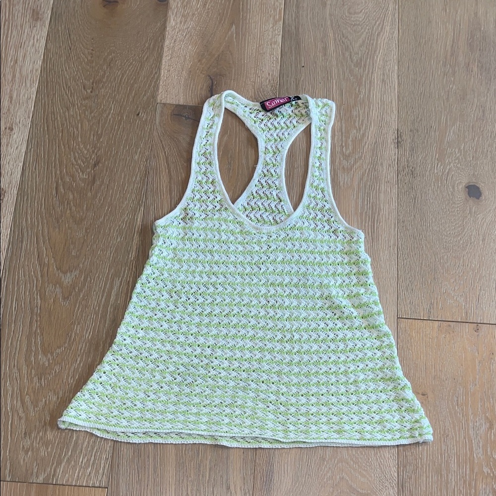 Vintage Say What? Lime and White Knit Tank Top xl crochet neck